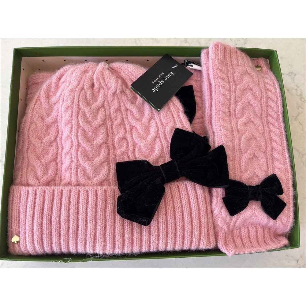 Kate Spade Scarf, Hat & Arm Warmers Set Velvet Cable Bow English Rose One Size